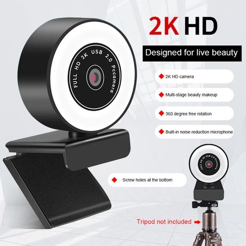 Webcam HD 2K Caméra USB à mise au point fixe, avec Microphone, lumière LED